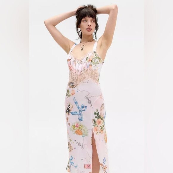 UO Kimchi Blue Liz Lace Trim Satin Slip Midi Dress- Patterned Pink - Picture 5 of 6